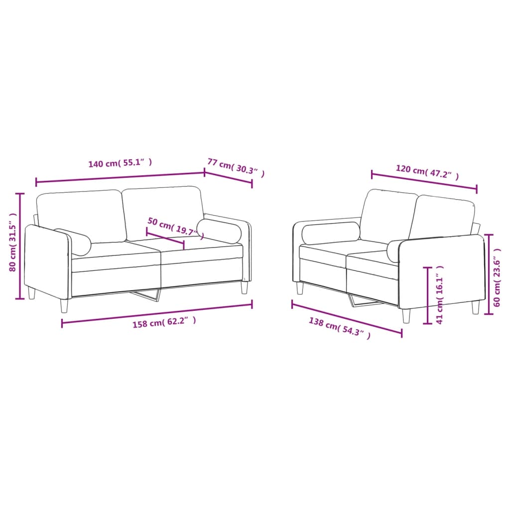 Set de canapele cu perne, 2 piese, maro, catifea