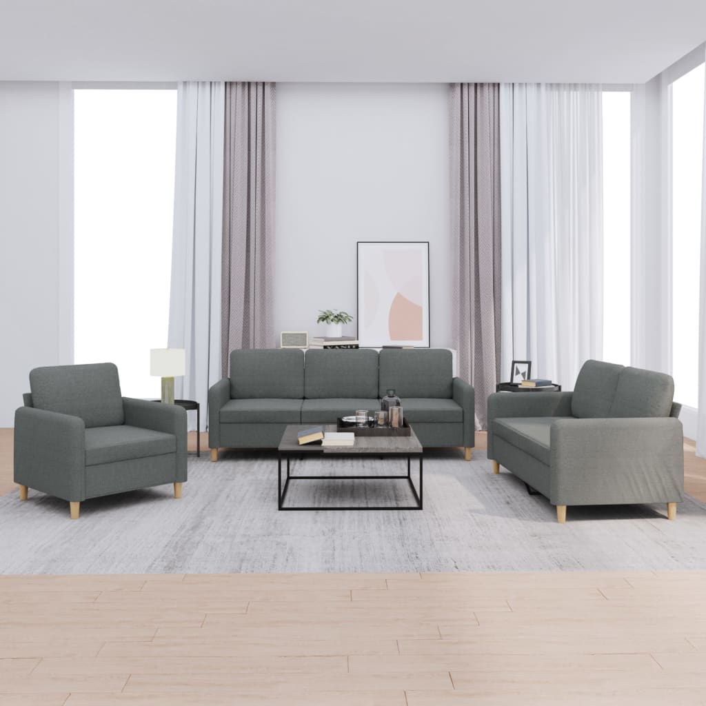 Set de canapele cu perne, 3 piese, gri închis, textil