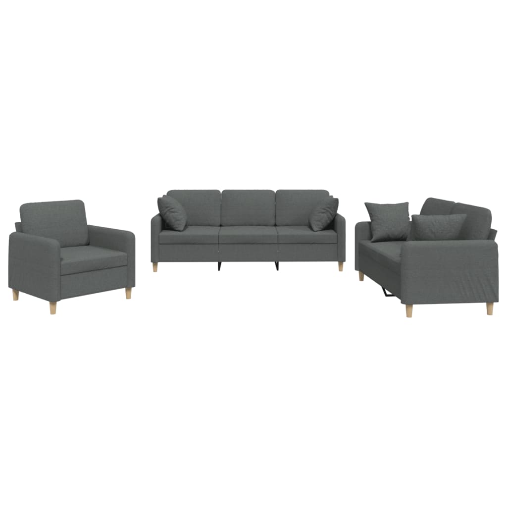Set de canapele cu perne, 3 piese, gri închis, textil