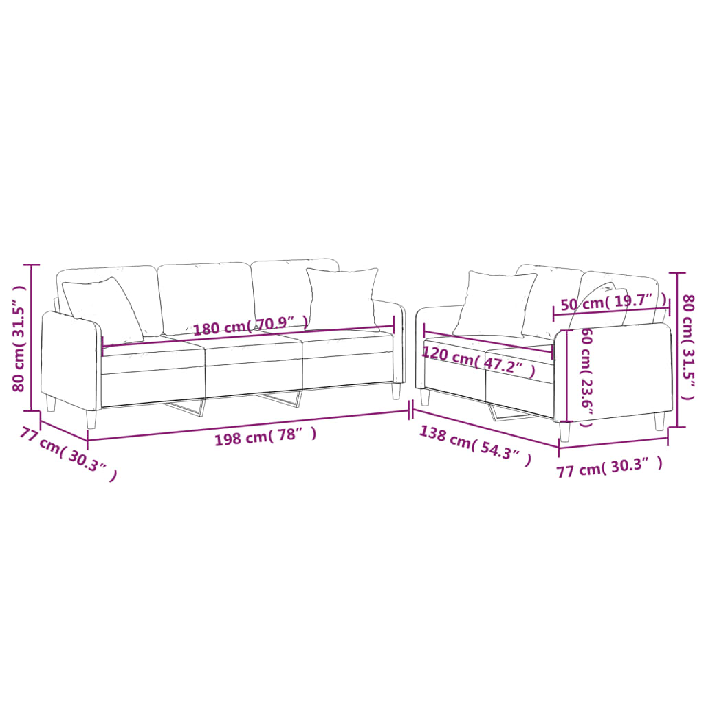 Set de canapele cu perne, 2 piese, gri deschis, material textil