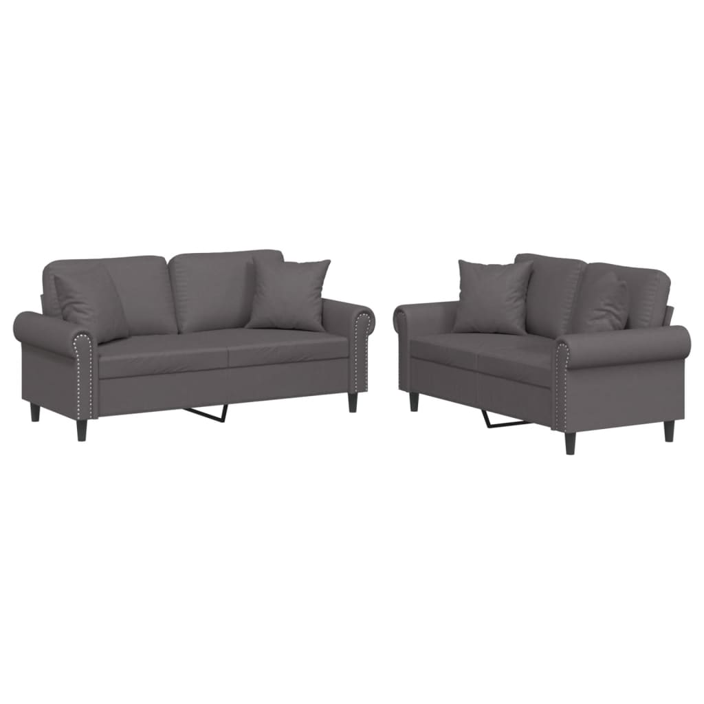 Set de canapele cu perne, 2 piese, gri, piele ecologică