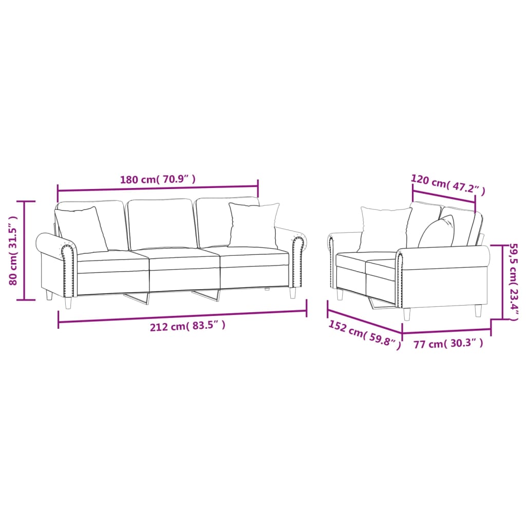 Set canapea cu perne, 2 piese, roz, catifea