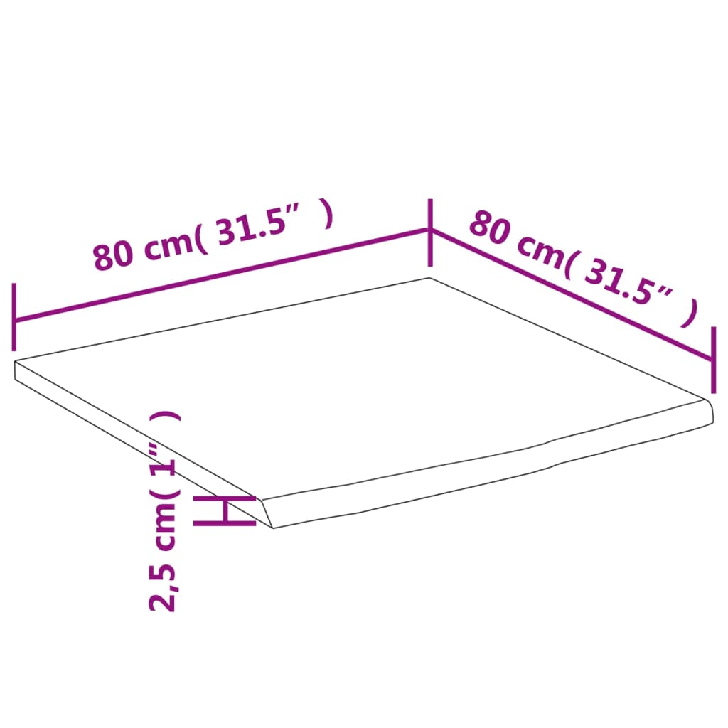 Blat birou 80x80x2,5 cm, pătrat, lemn masiv acacia margine vie