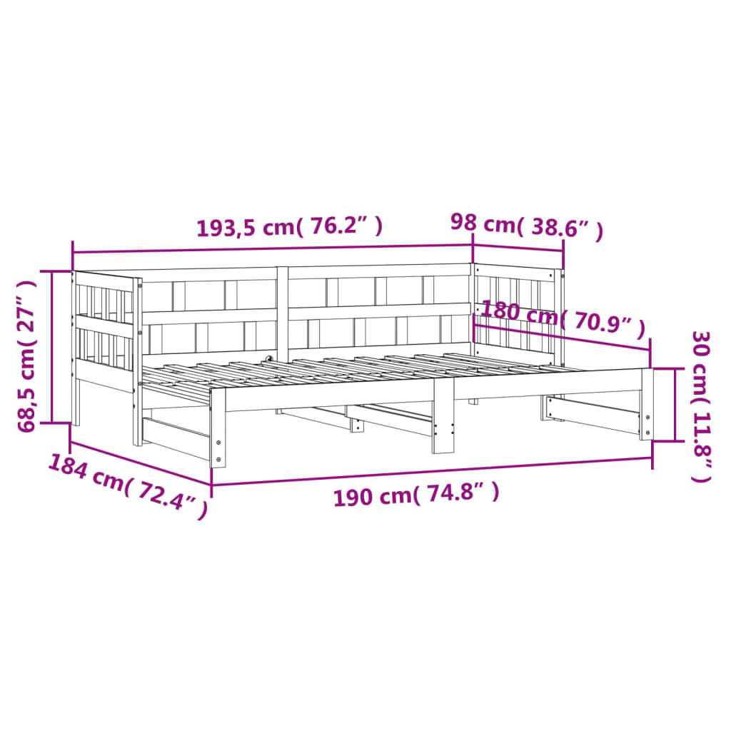 Pat de zi cu extensie, alb, 90x190 cm, lemn masiv de pin