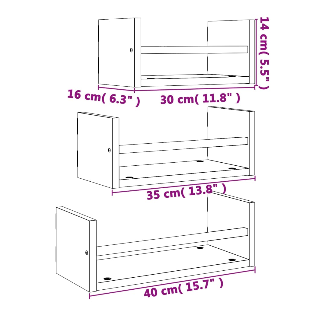 Set rafturi perete cu bare, 3 buc, stejar sonoma lemn prelucrat