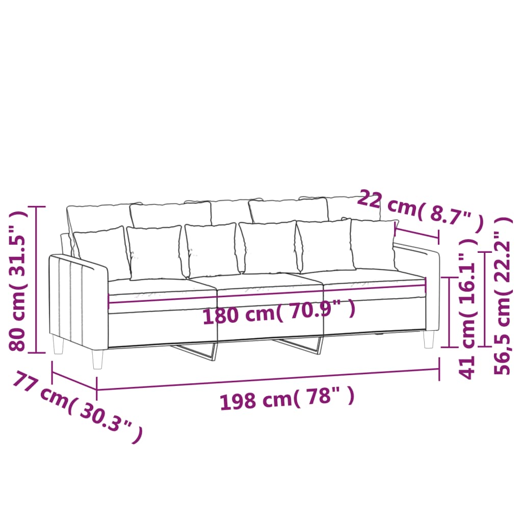 Canapea cu 3 locuri, roz, 180 cm, catifea