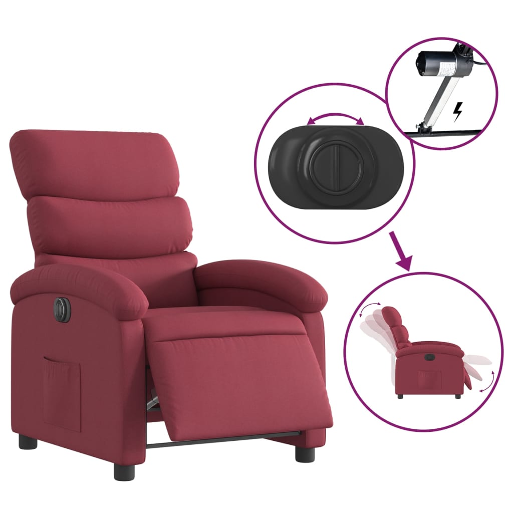 Fotoliu rabatabil electric, roșu vin, material textil