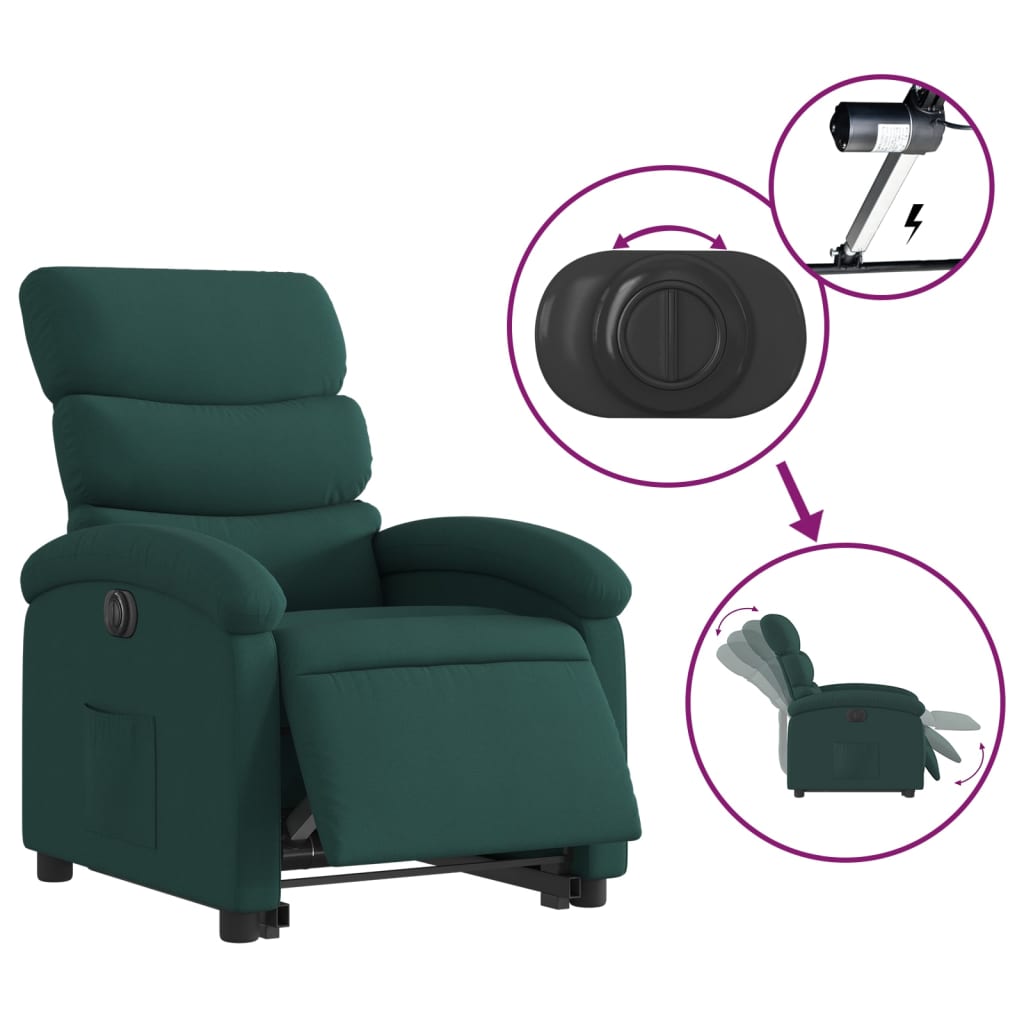 Fotoliu electric rabatabil cu ridicare, verde închis, textil