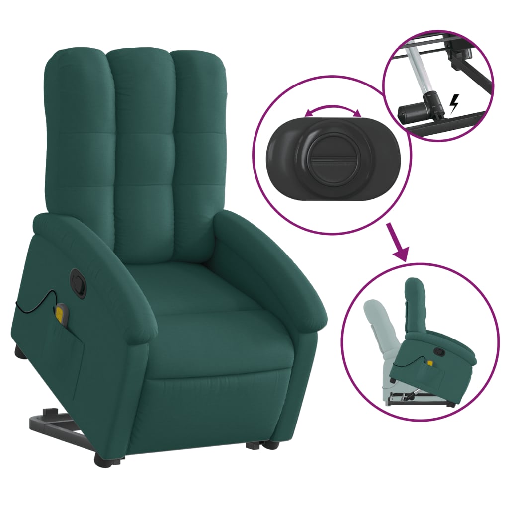 Fotoliu rabatabil de masaj, cu ridicare, verde închis, textil