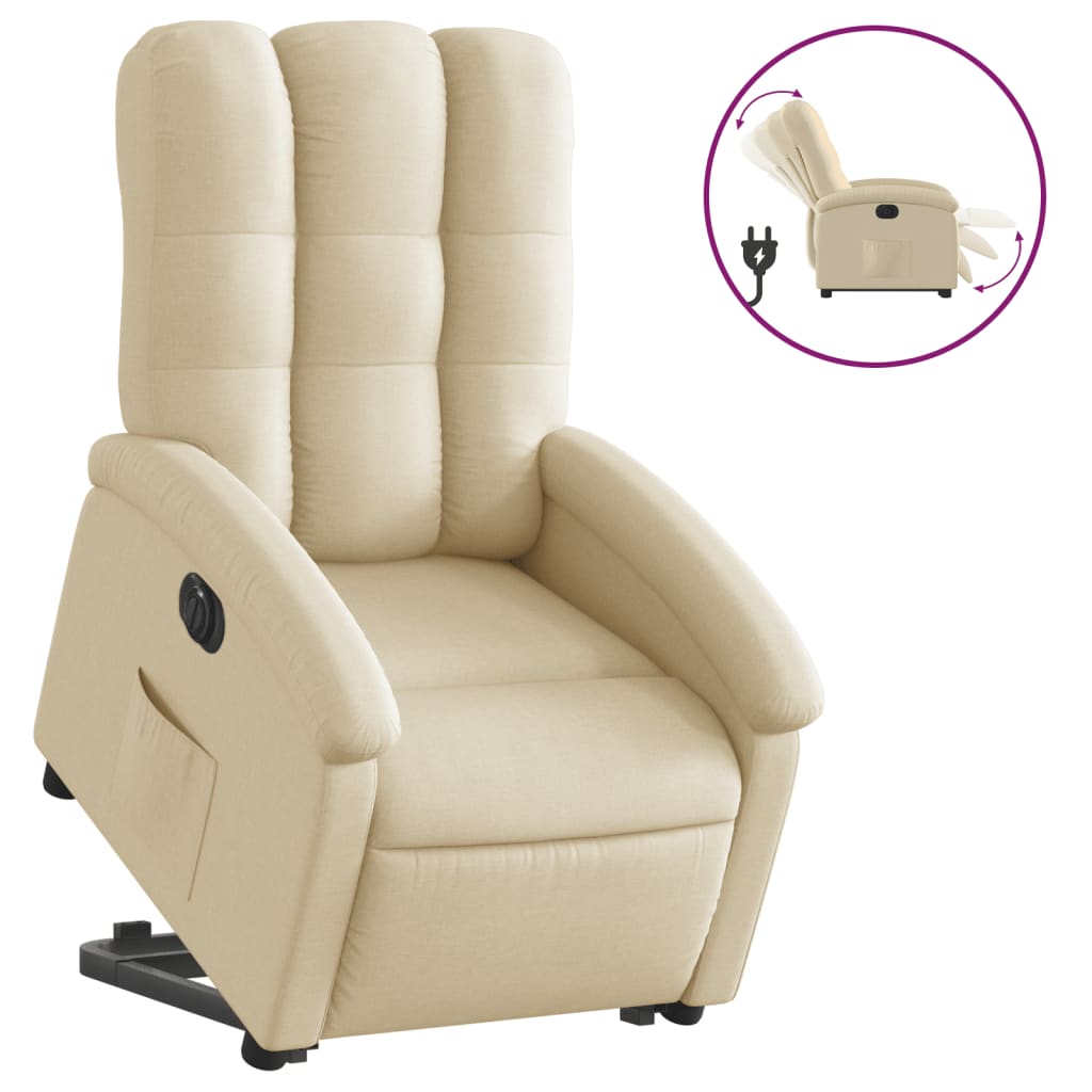 Fotoliu electric rabatabil cu ridicare, crem, textil