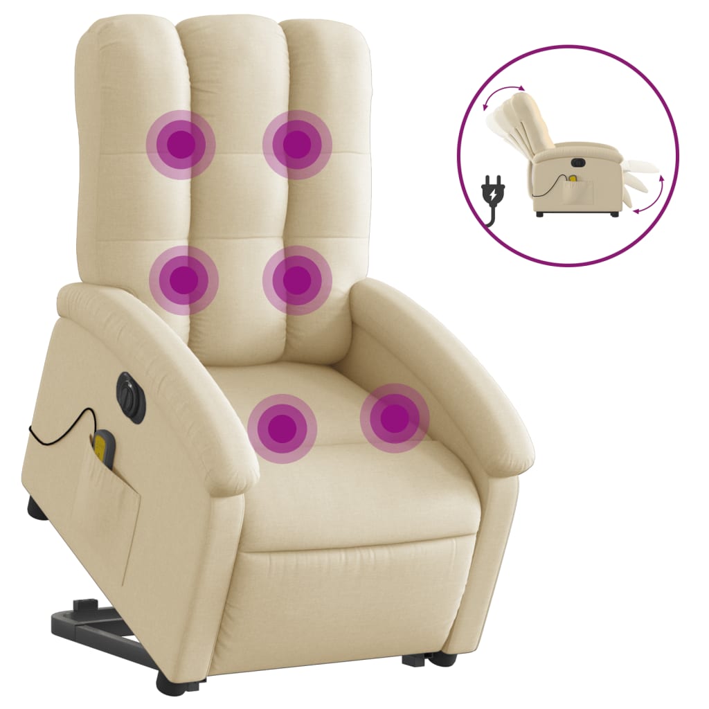 Fotoliu electric de masaj rabatabil cu ridicare, crem, textil