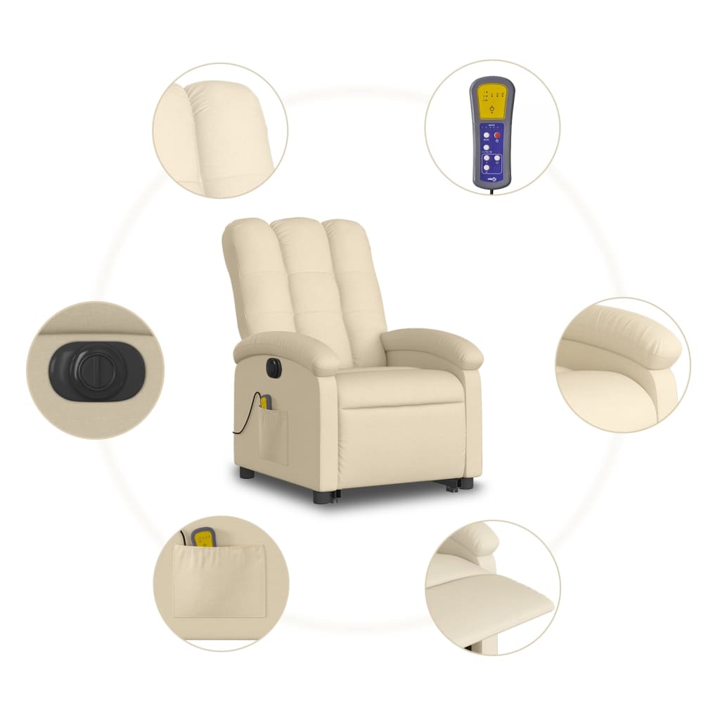 Fotoliu electric de masaj rabatabil cu ridicare, crem, textil