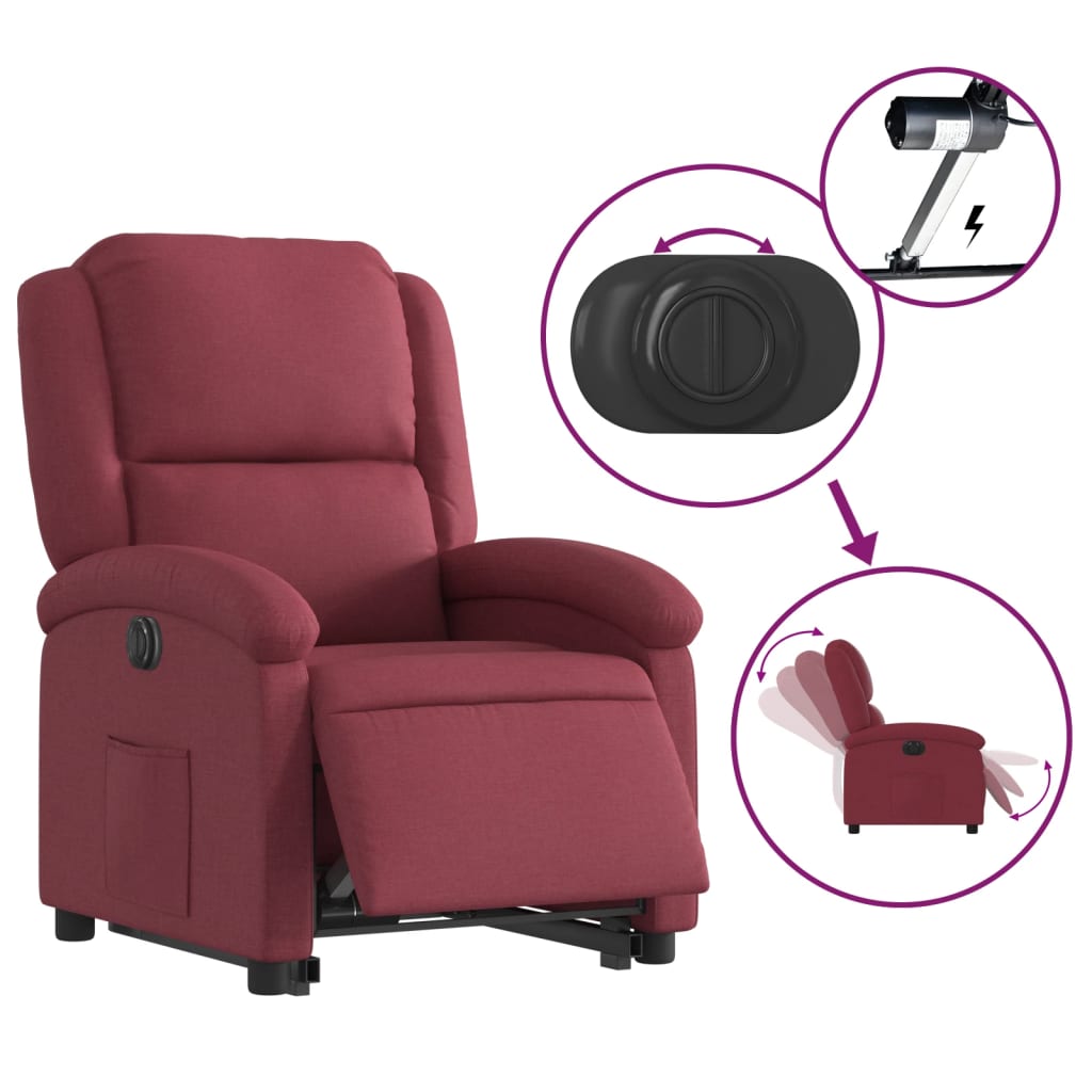 Fotoliu electric rabatabil cu ridicare, roșu vin, textil