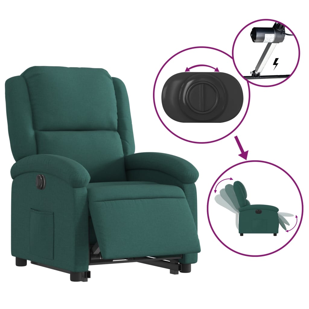Fotoliu electric rabatabil cu ridicare, verde închis, textil