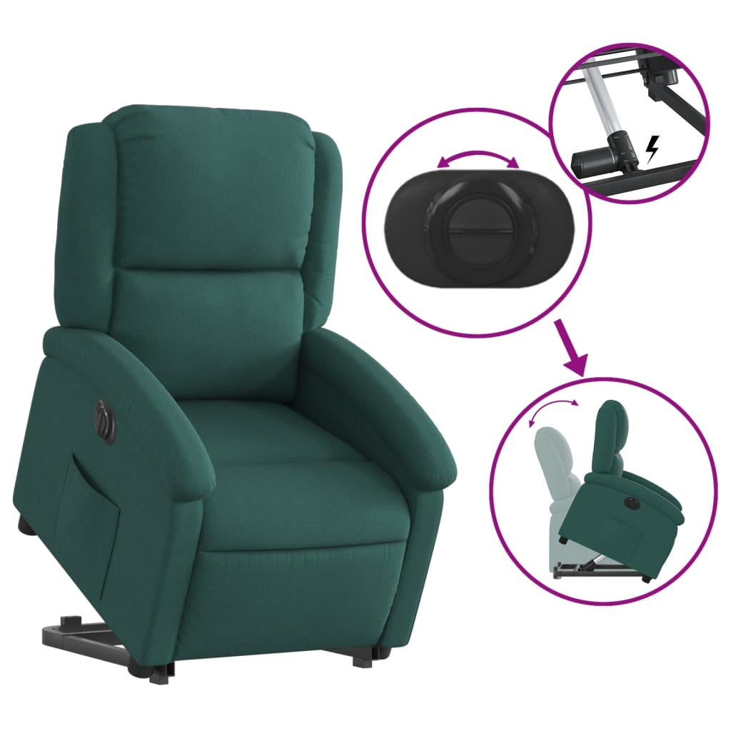 Fotoliu electric rabatabil cu ridicare, verde închis, textil