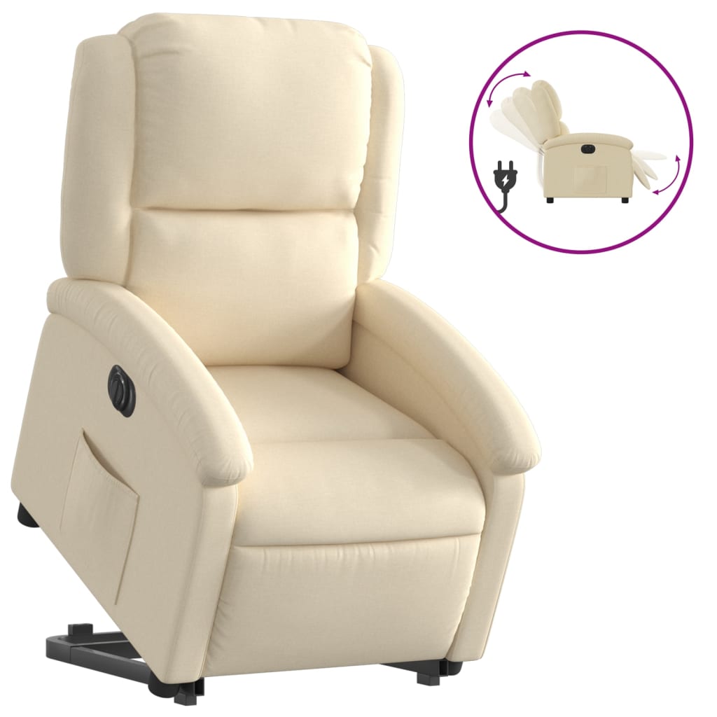 Fotoliu electric rabatabil cu ridicare, crem, textil