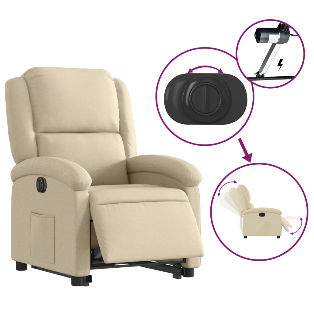Fotoliu electric rabatabil cu ridicare, crem, textil