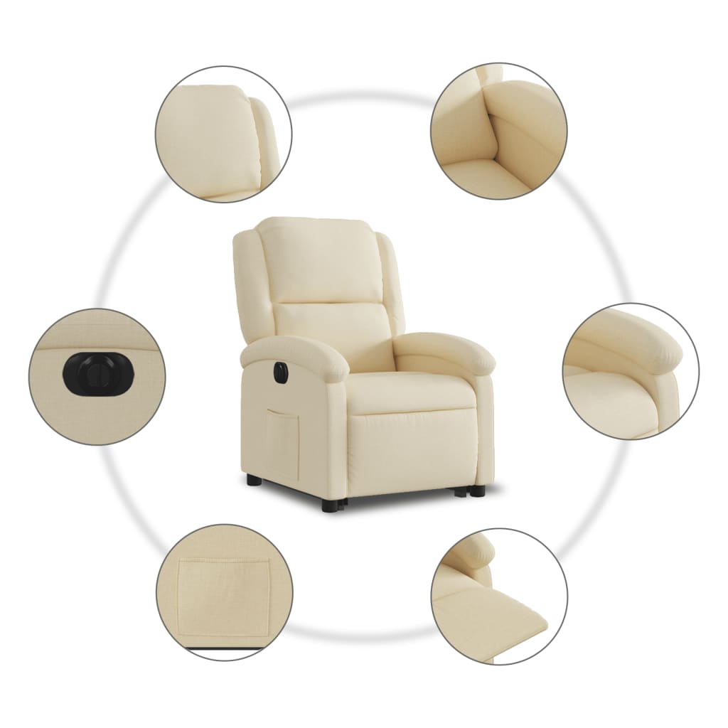 Fotoliu electric rabatabil cu ridicare, crem, textil