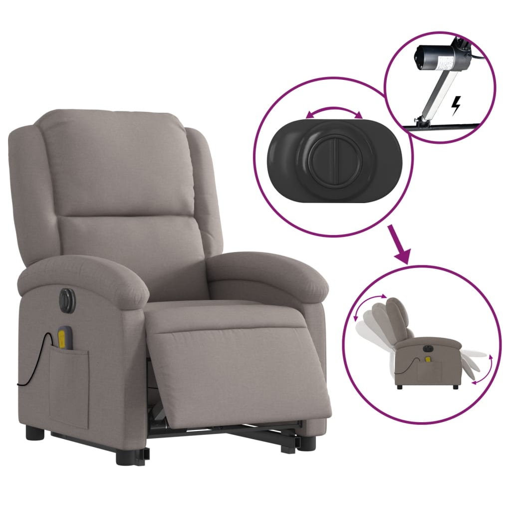 Fotoliu electric masaj rabatabil cu ridicare, gri taupe, textil