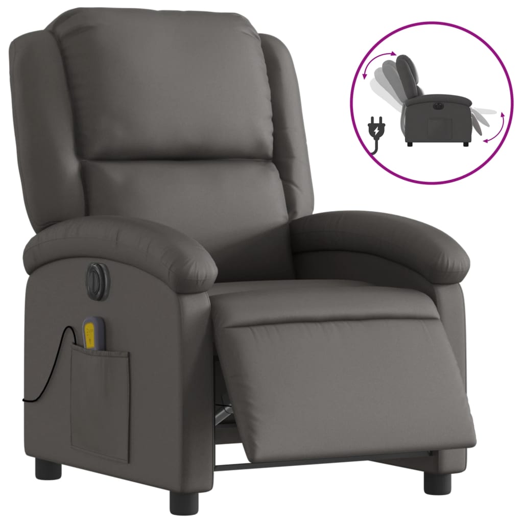 Fotoliu rabatabil electric, gri, piele naturală