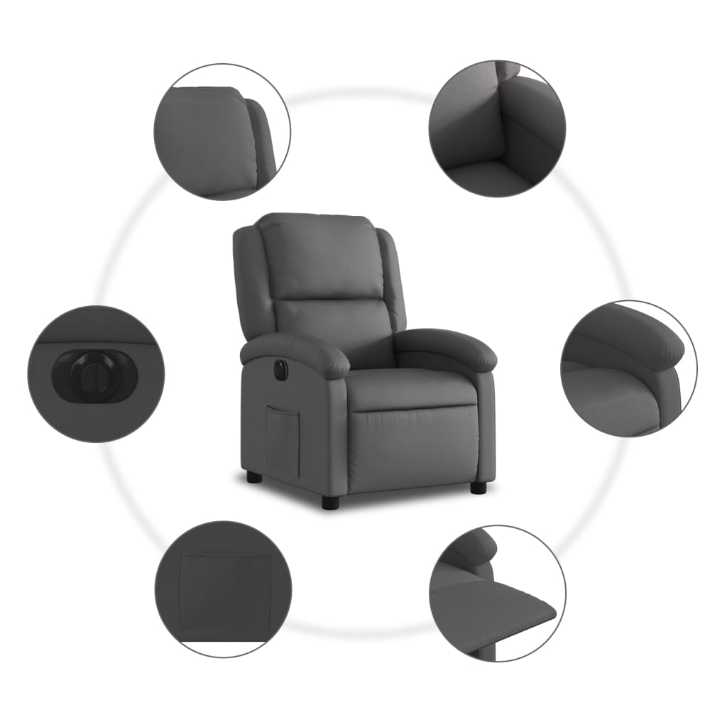 Fotoliu rabatabil electric, gri, piele naturală