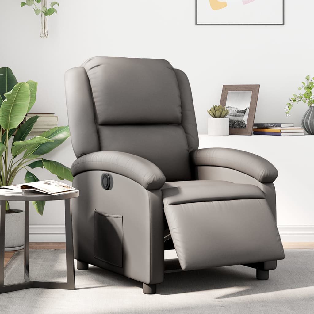 Fotoliu rabatabil electric, gri, piele naturală
