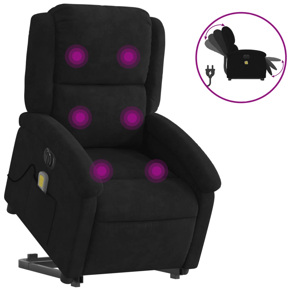 Fotoliu electric de masaj rabatabil cu ridicare, negru, catifea