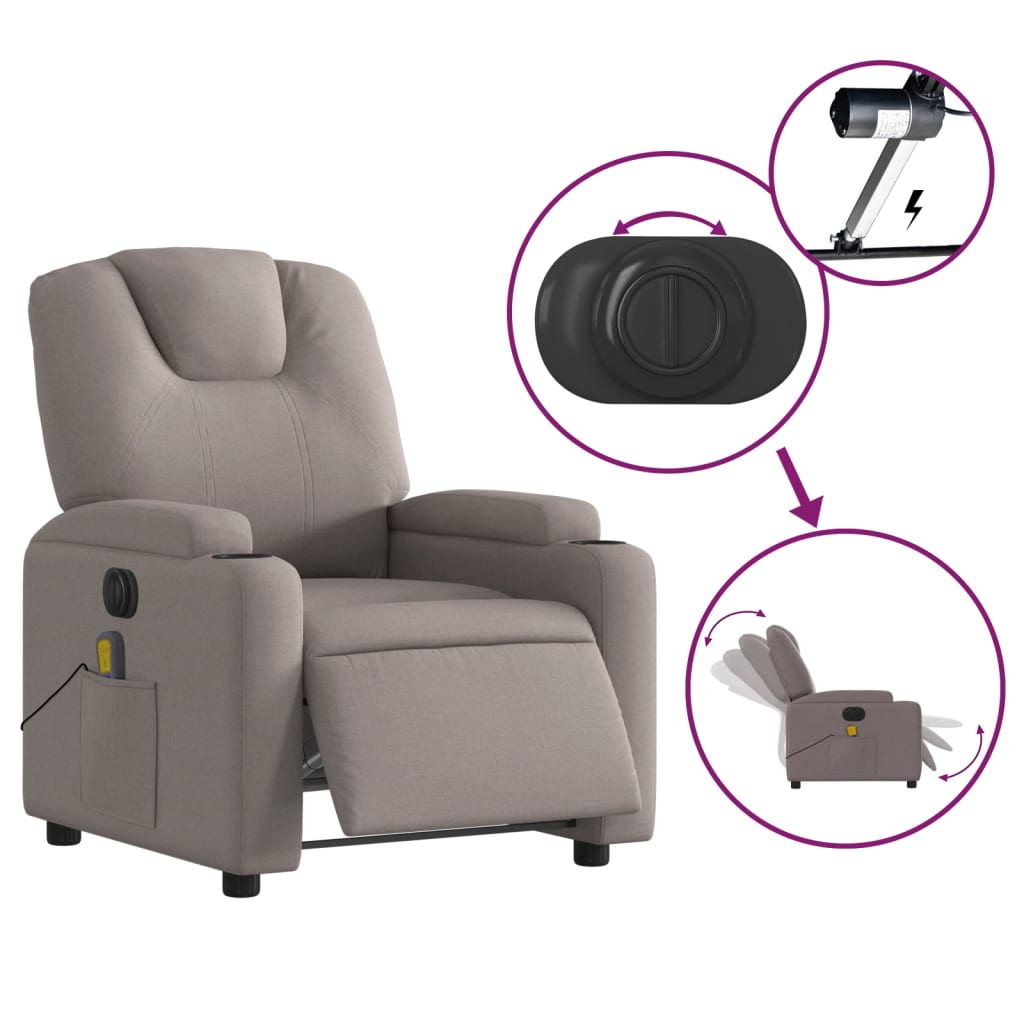 Fotoliu electric de masaj rabatabil, gri taupe, textil