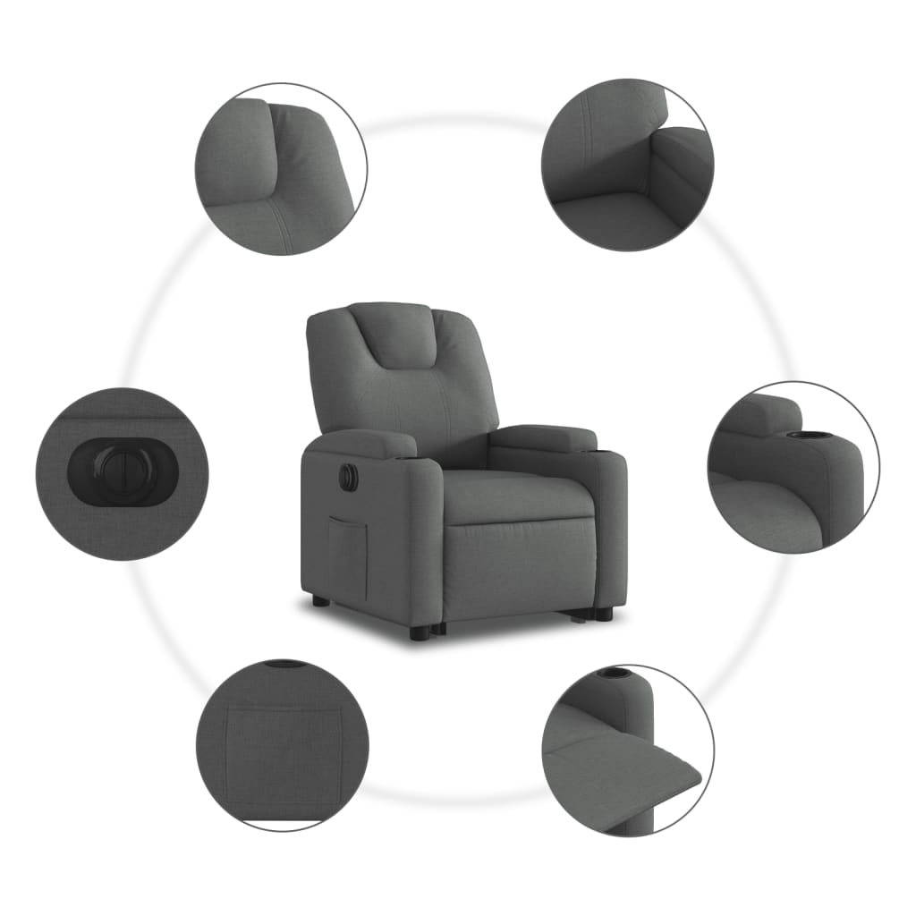 Fotoliu electric rabatabil cu ridicare, gri închis, textil