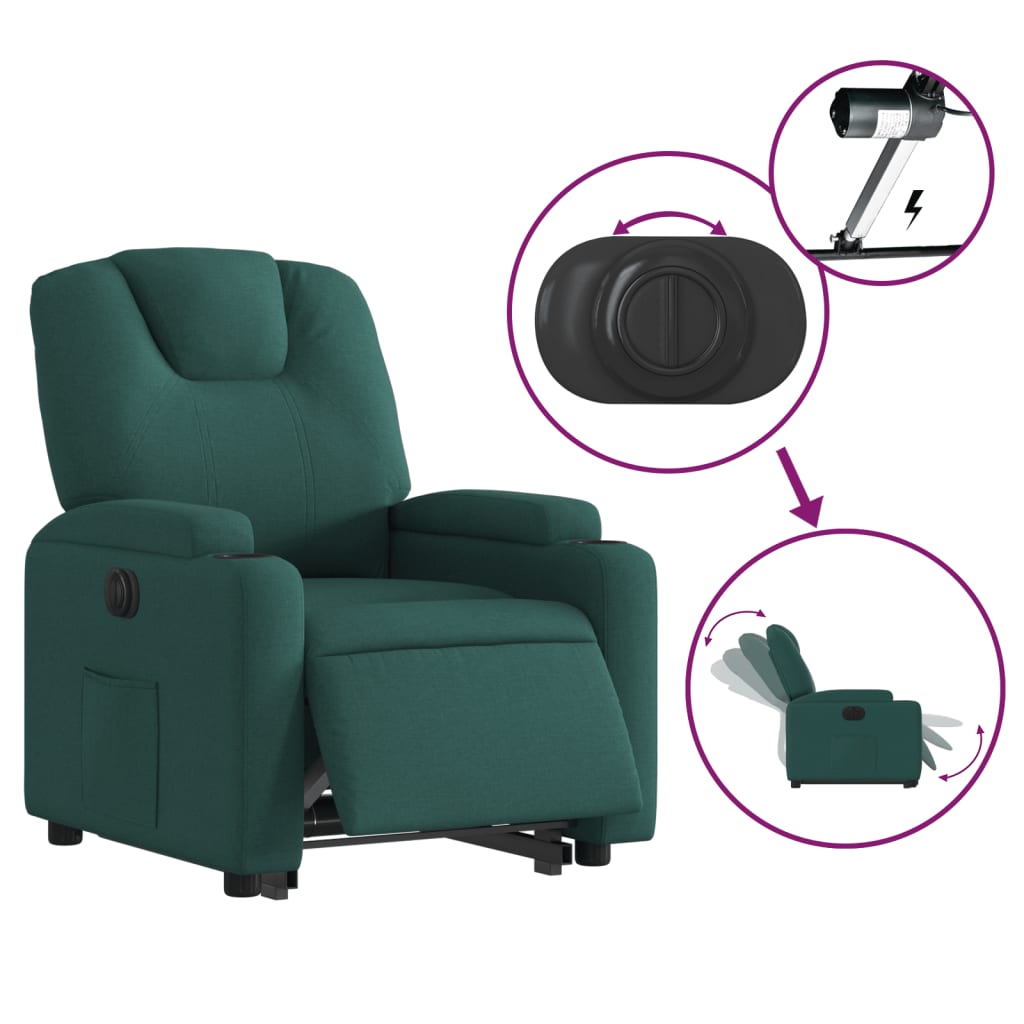 Fotoliu electric rabatabil cu ridicare, verde închis, textil