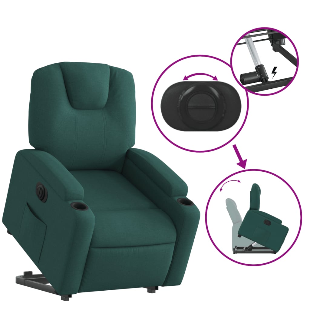Fotoliu electric rabatabil cu ridicare, verde închis, textil