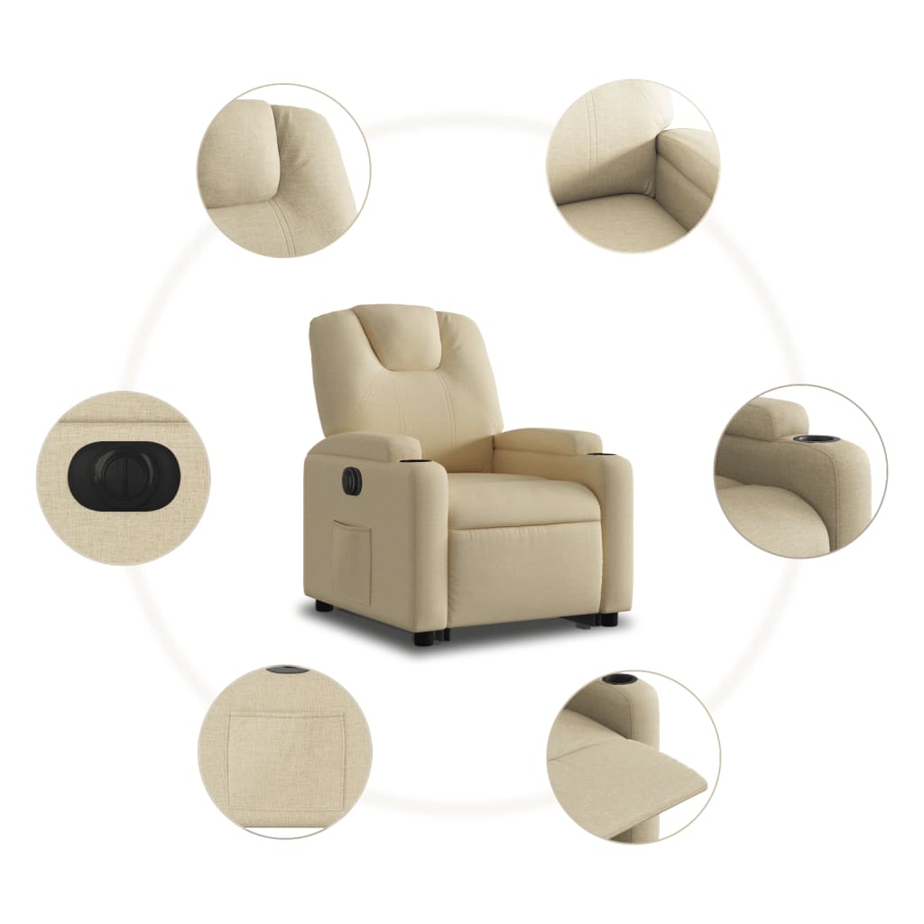 Fotoliu electric rabatabil cu ridicare, crem, textil