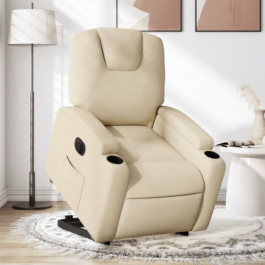 Fotoliu electric rabatabil cu ridicare, crem, textil