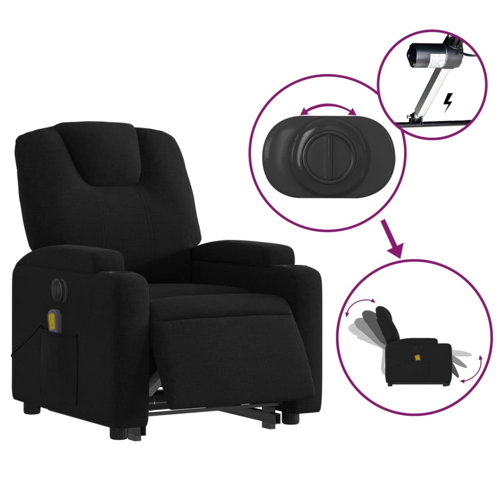 Fotoliu electric de masaj rabatabil cu ridicare, negru, textil
