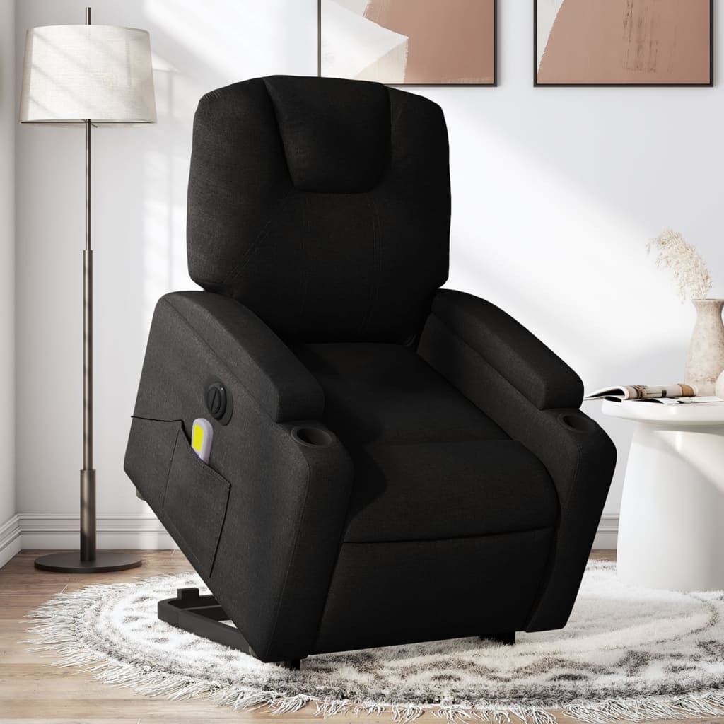 Fotoliu electric de masaj rabatabil cu ridicare, negru, textil