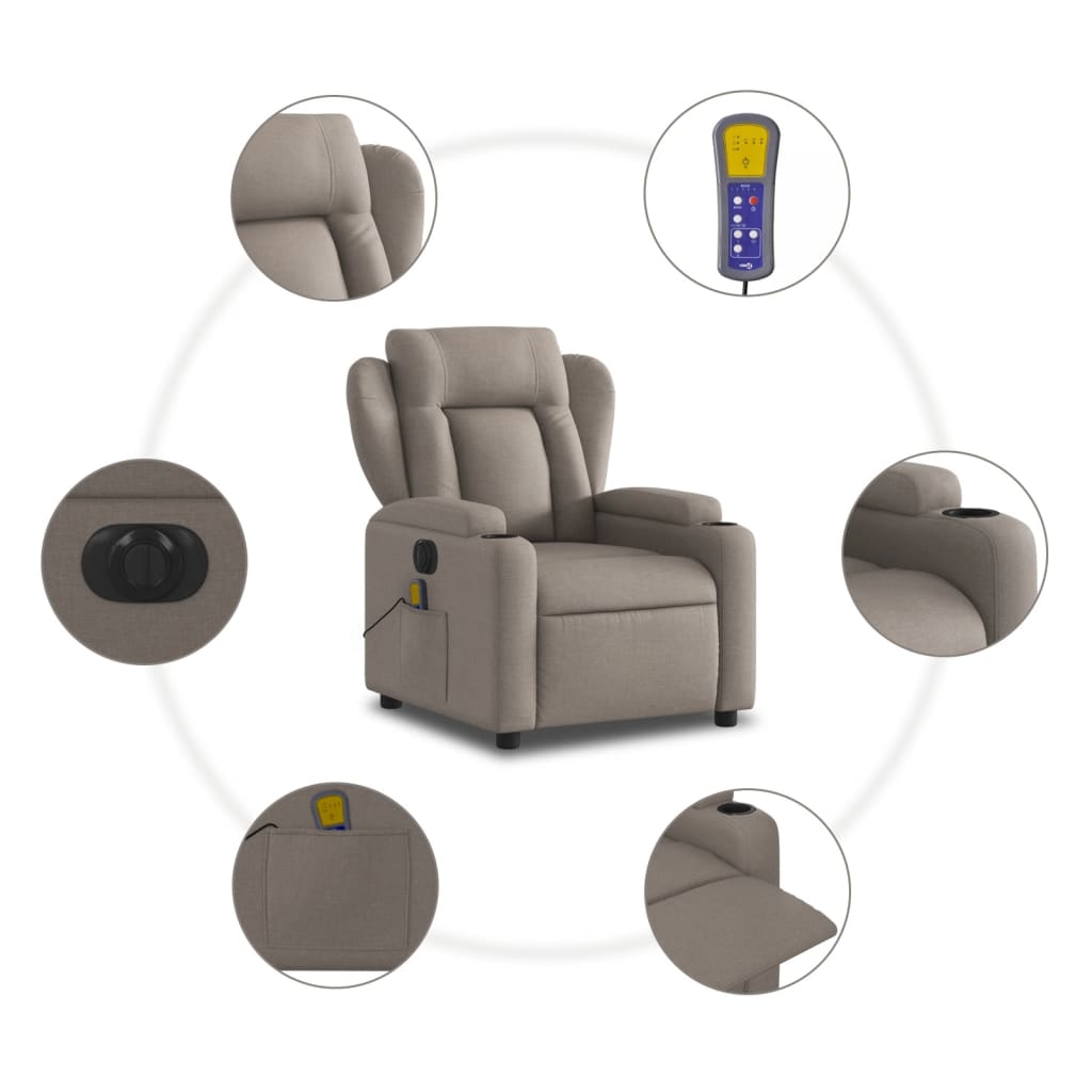 Fotoliu electric de masaj rabatabil, gri taupe, textil