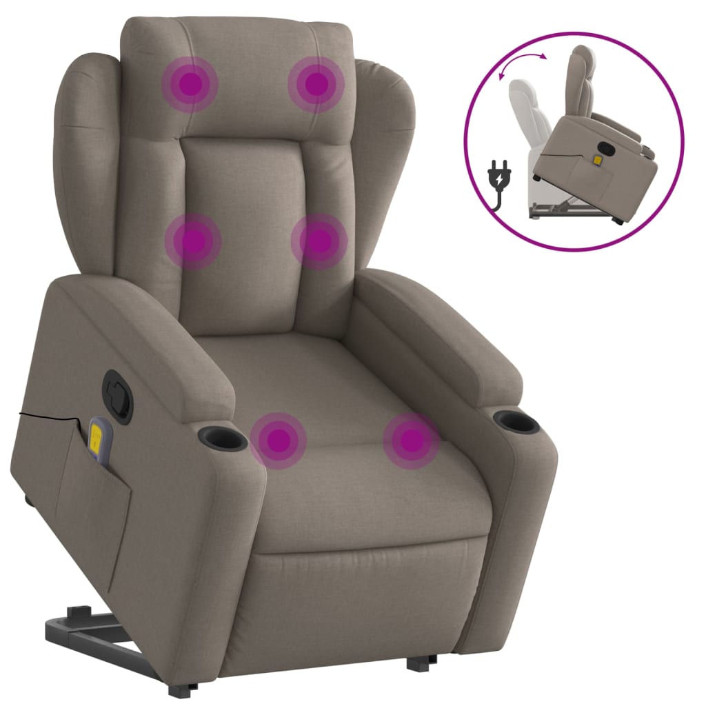 Fotoliu rabatabil de masaj cu ridicare, gri taupe, textil