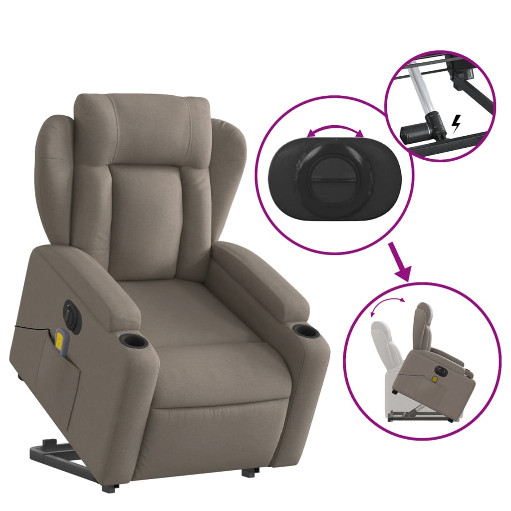 Fotoliu electric masaj rabatabil cu ridicare, gri taupe, textil