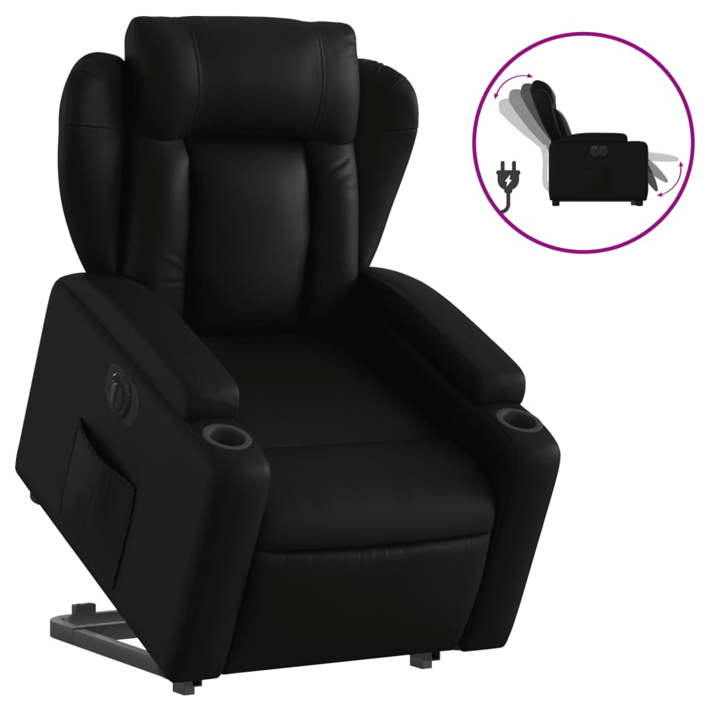 Fotoliu rabatabil electric cu ridicare, negru, piele ecologică