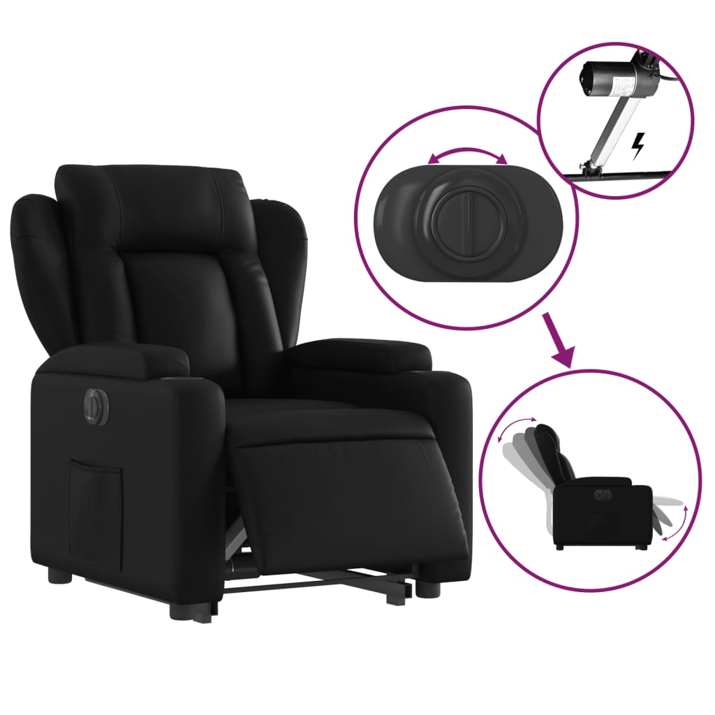 Fotoliu rabatabil electric cu ridicare, negru, piele ecologică