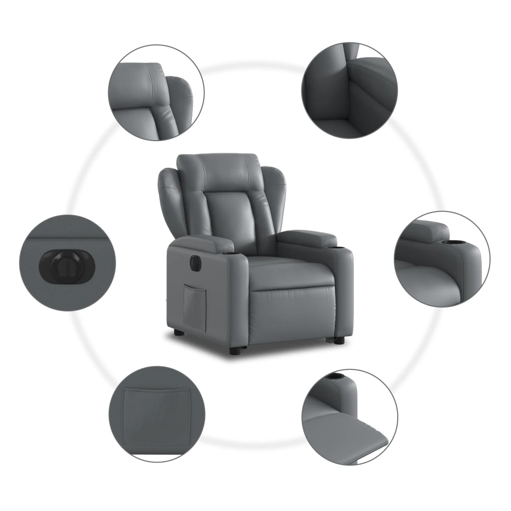 Fotoliu rabatabil electric cu ridicare, gri, piele ecologică