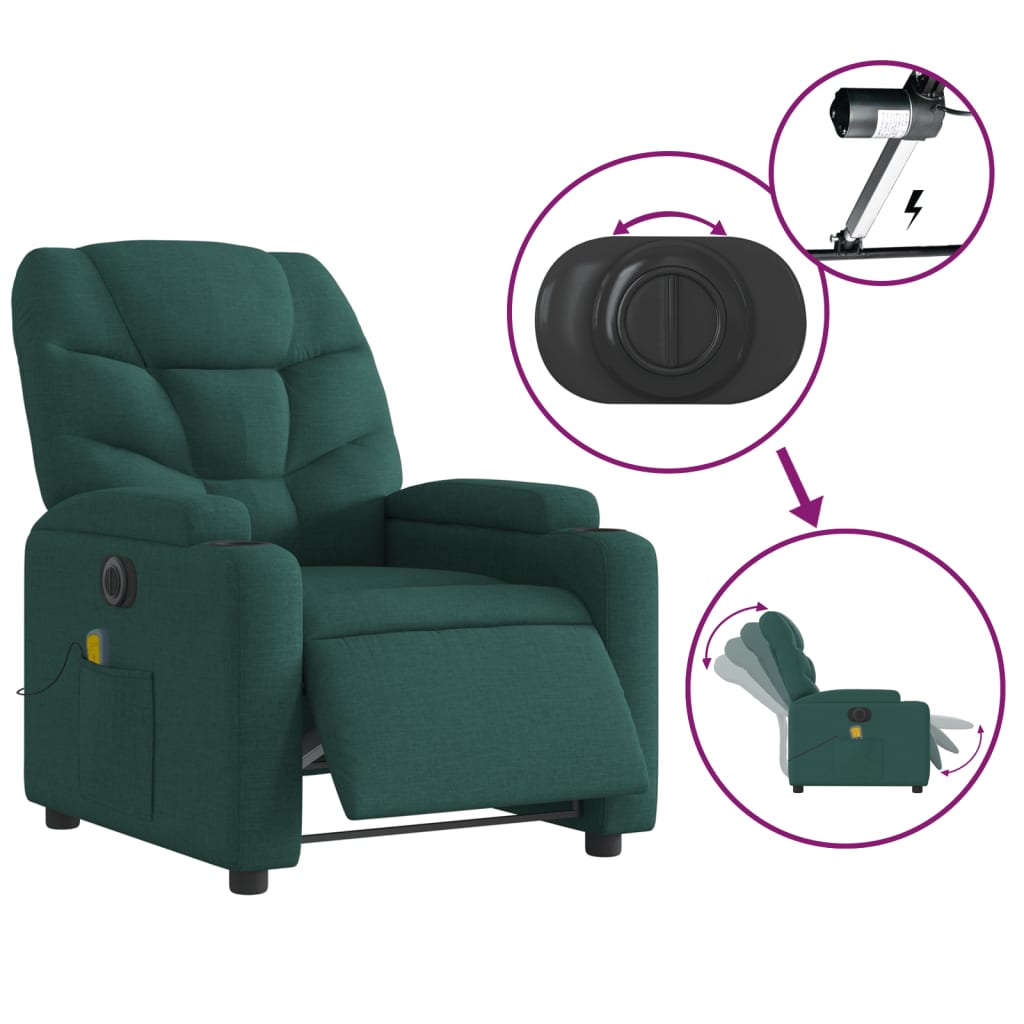 Fotoliu electric de masaj rabatabil, verde închis, textil