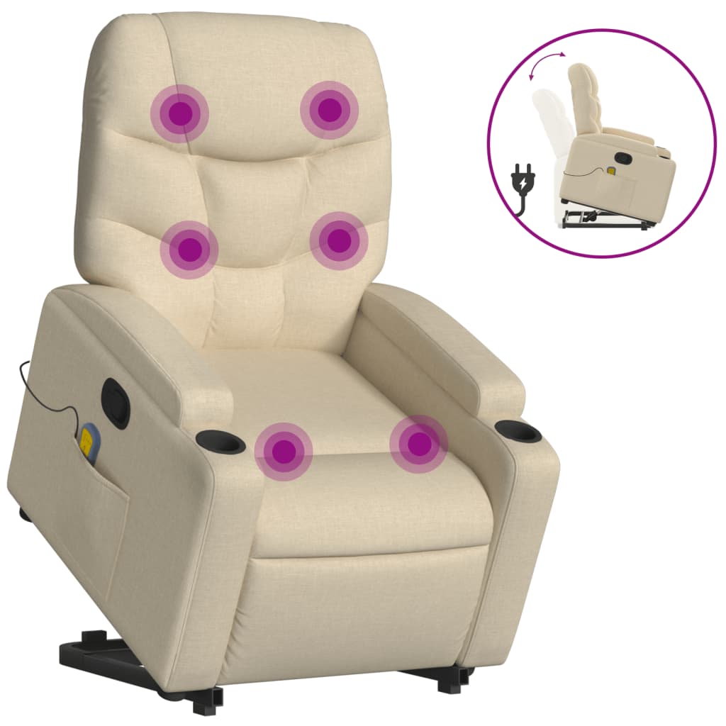 Fotoliu masaj rabatabil cu ridicare, crem, material textil