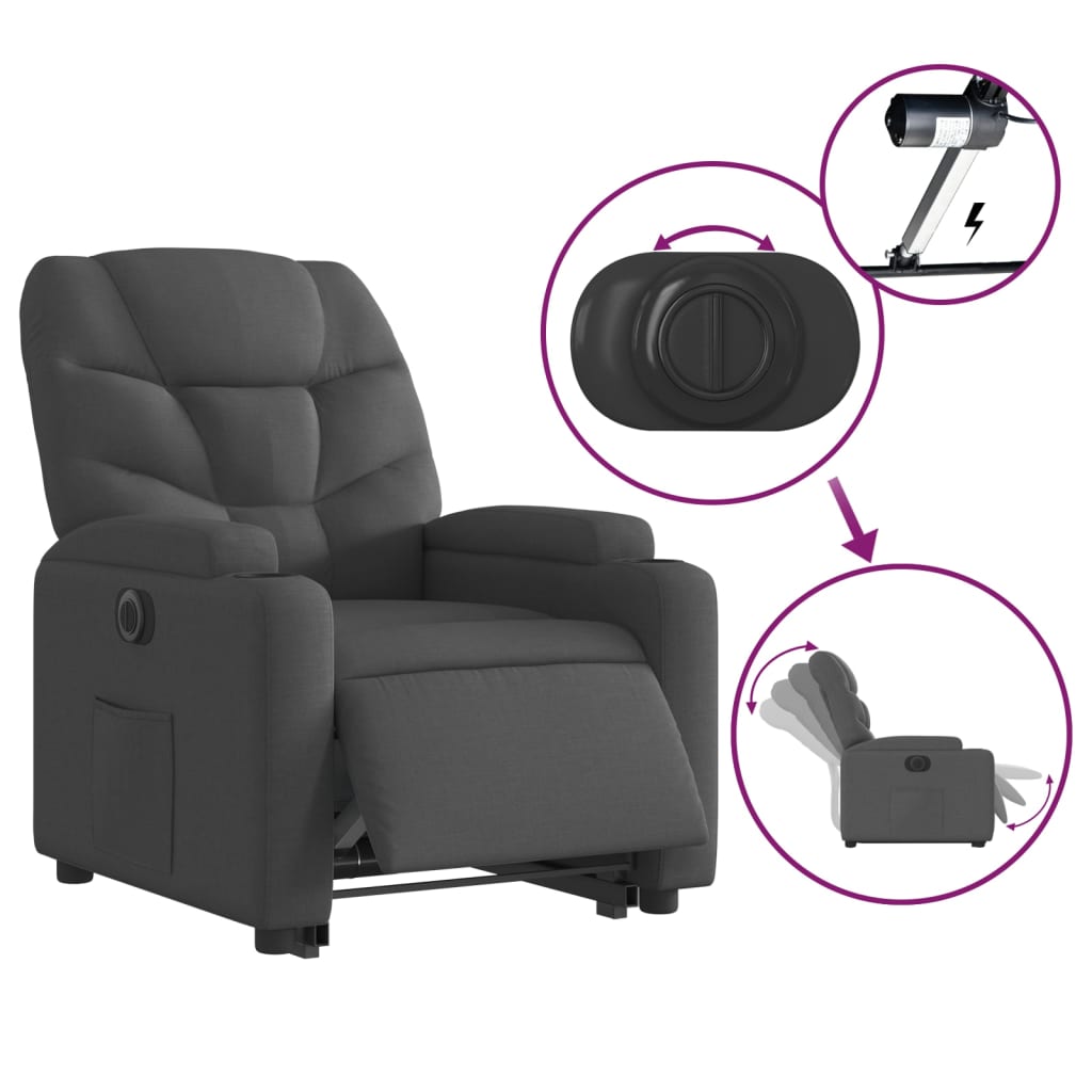 Fotoliu electric rabatabil cu ridicare, gri închis, textil