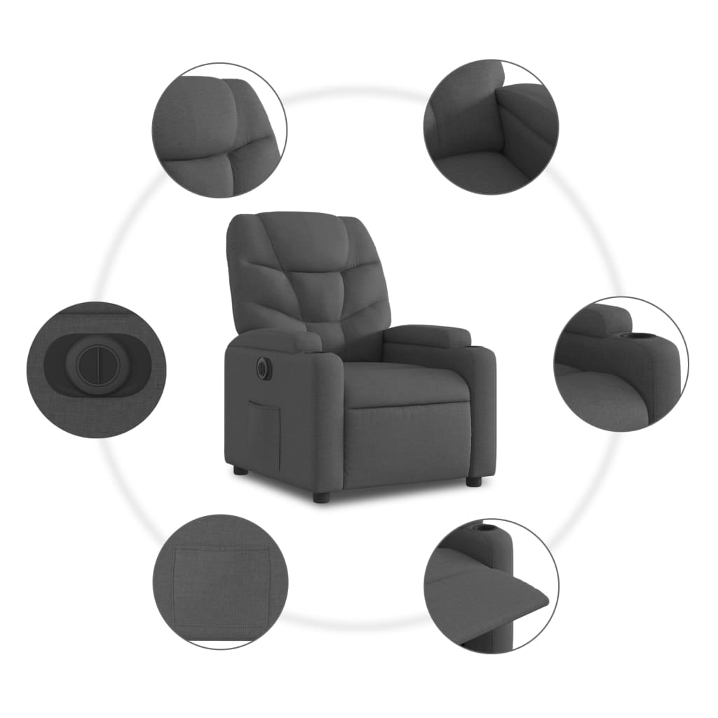 Fotoliu electric rabatabil cu ridicare, gri închis, textil