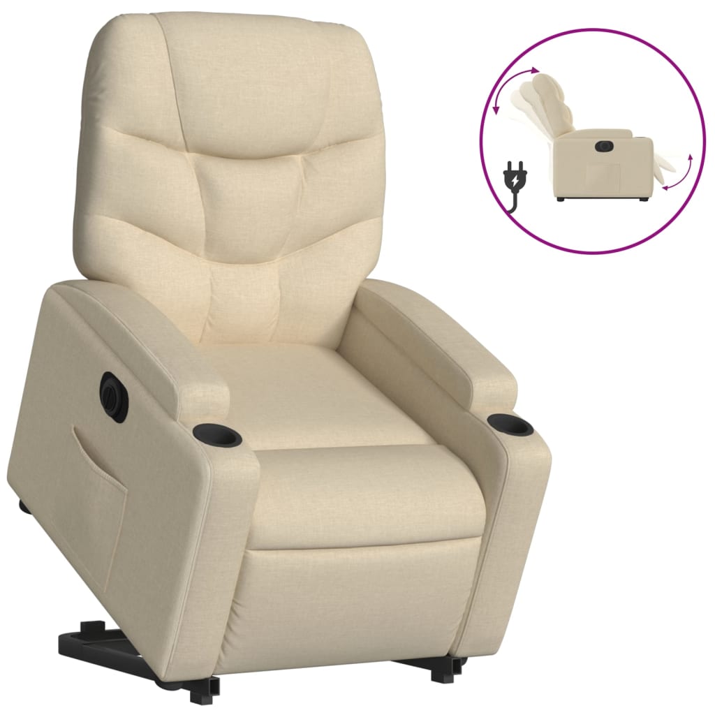 Fotoliu electric rabatabil cu ridicare, crem, textil