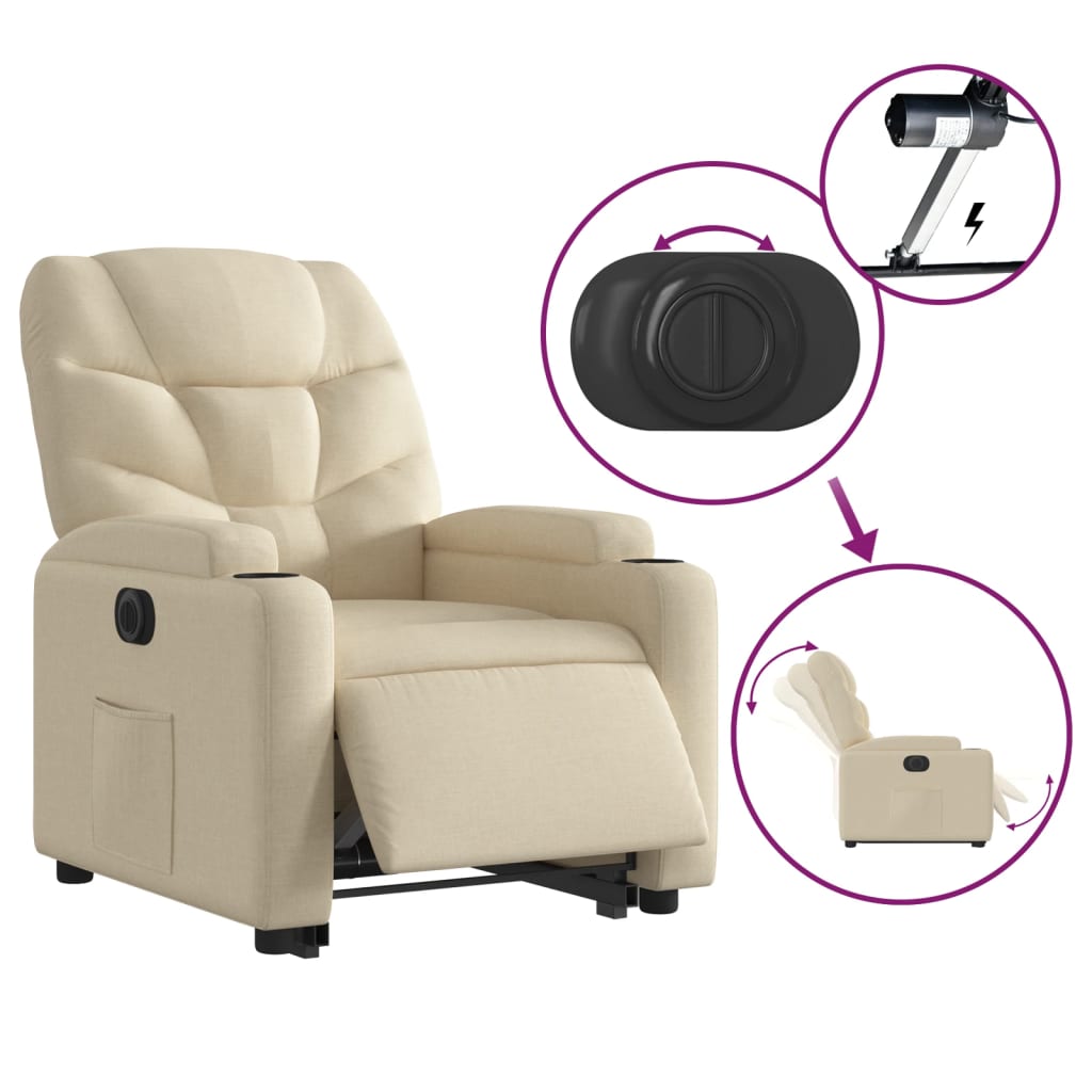 Fotoliu electric rabatabil cu ridicare, crem, textil