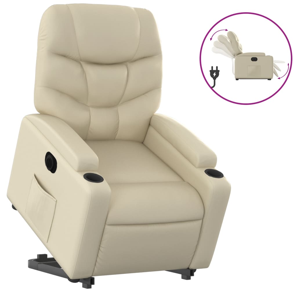 Fotoliu rabatabil electric cu ridicare, crem, piele ecologică