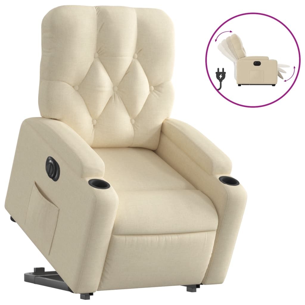 Fotoliu electric rabatabil cu ridicare, crem, textil