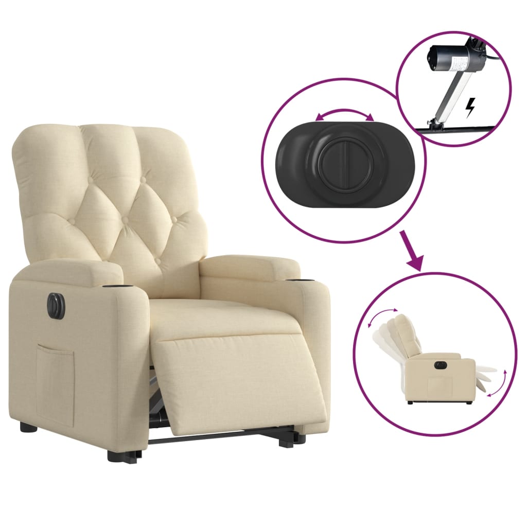 Fotoliu electric rabatabil cu ridicare, crem, textil